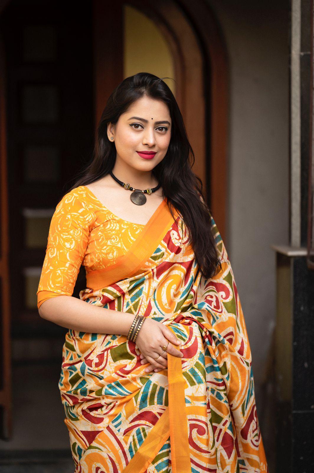 Mustard Cotton Crepe Batik Print Saree with Unstitched Blouse - Hiral Fashion | Swadesiicart
