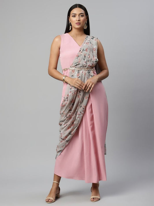 Ahalyaa Women Baby Pink Crepe Georgette Saree Dress With Printed Pallu | Swadesiicart