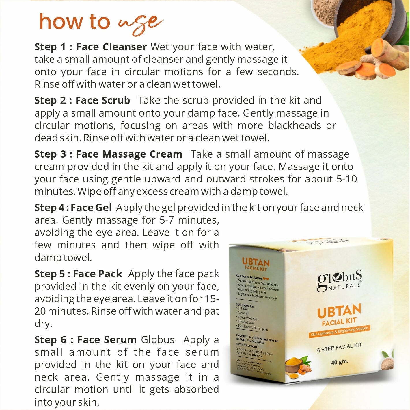 Globus Naturals Brightening Ubtan 6 Step Facial Kit | Swadesiicart