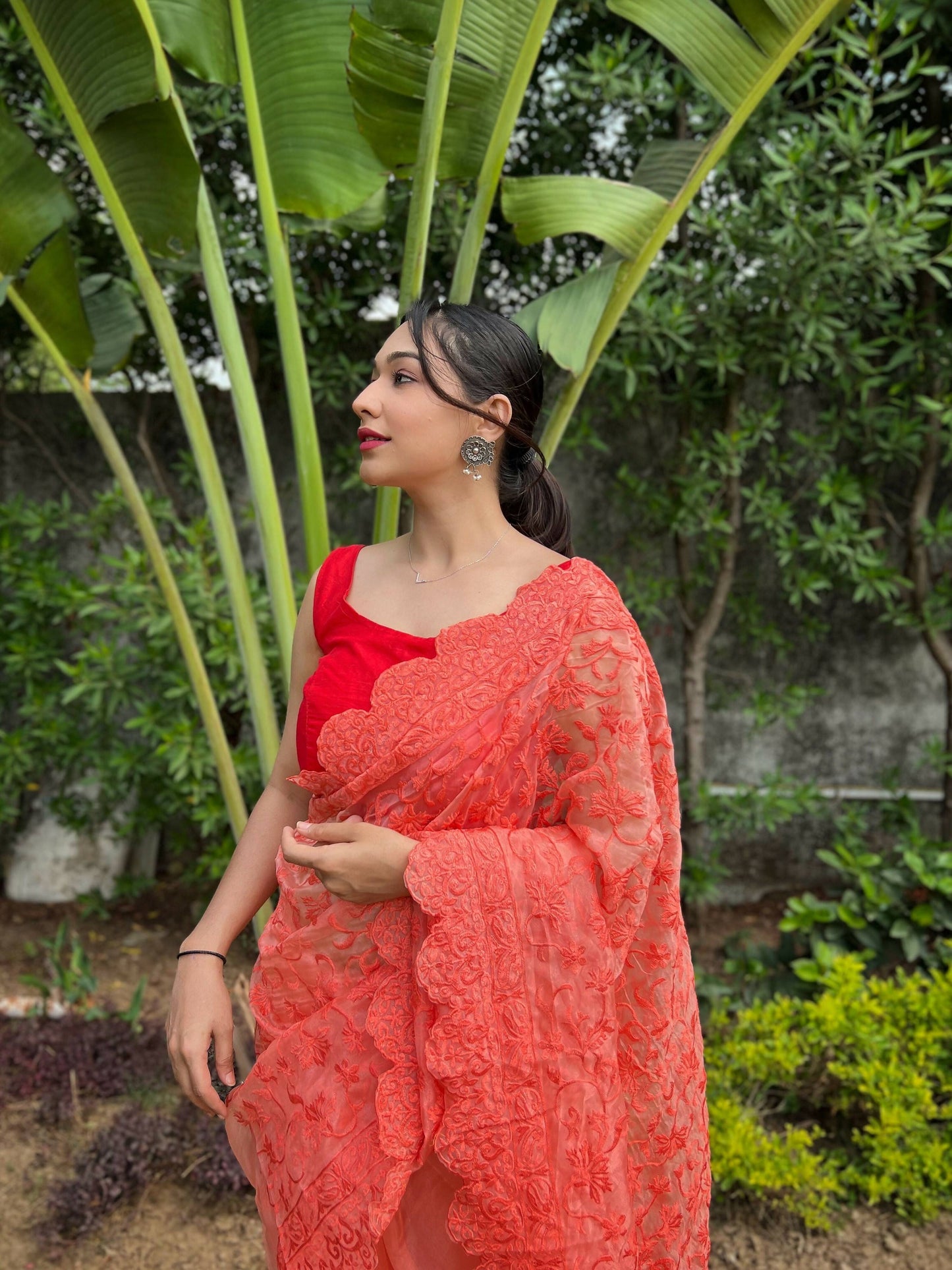 Vamsee Sujal Orange Organza Saree - Swadesiicart