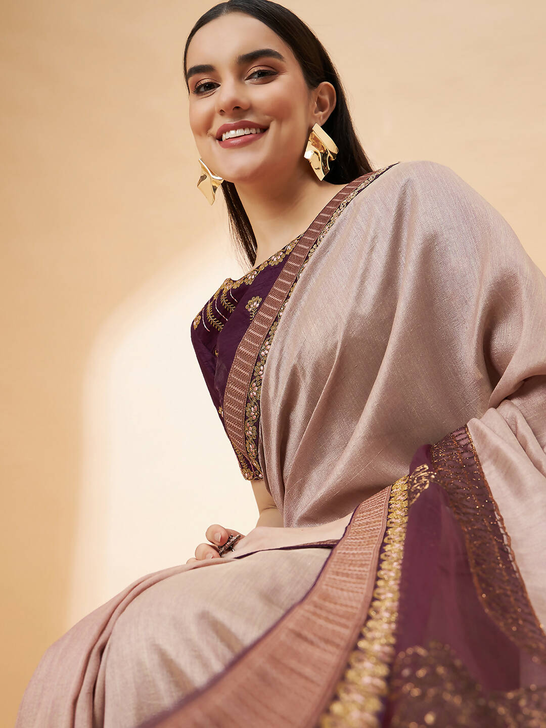 Beige, Purple Tussar Silk Zari, Thread And Cord Embroidery, Laser Cut Applique Saree - Norita Hit Design - Swadesiicart