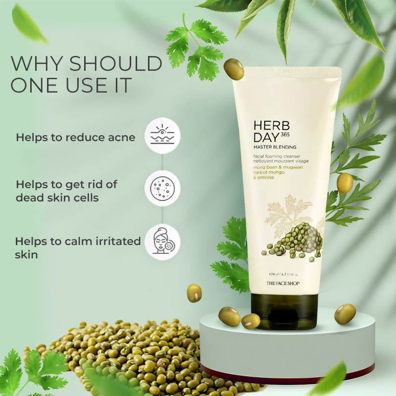 The Face Shop Herb Day 365 Master Blending Foaming Cleanser- Mungbean & Mugwort - Korean Skincare | Swadesiicart