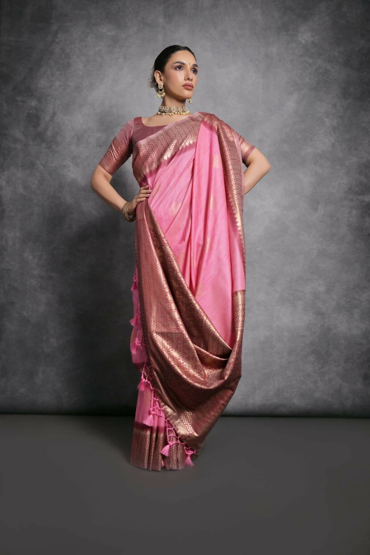 Vishnu Weaves Women's Baby-Pink Tussar Silk Zari Woven Saree with Blouse - Swadesiicart
