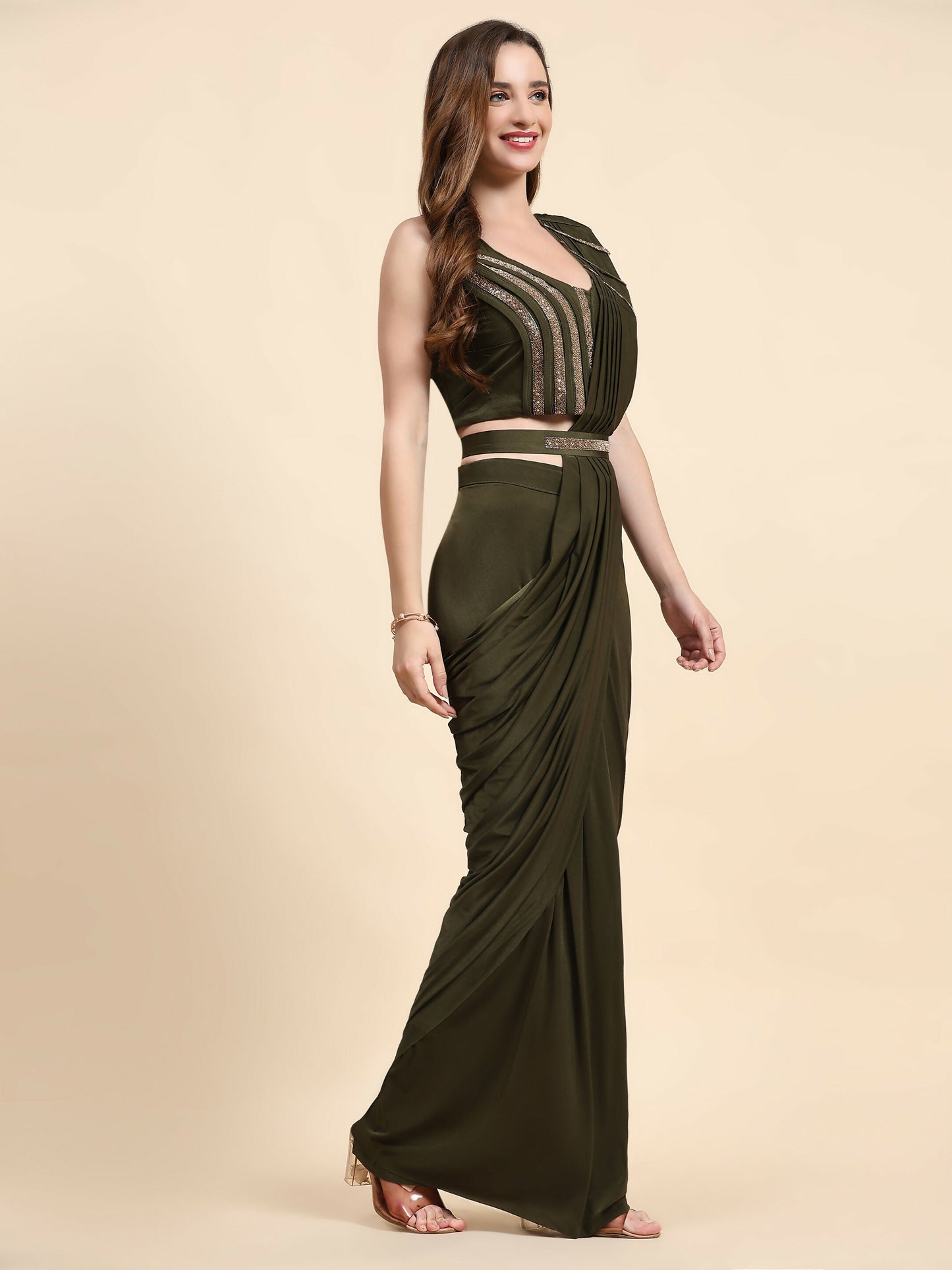 Green Polyester Solid Ready to Wear Saree with stitched Blouse - Nita | Swadesiicart