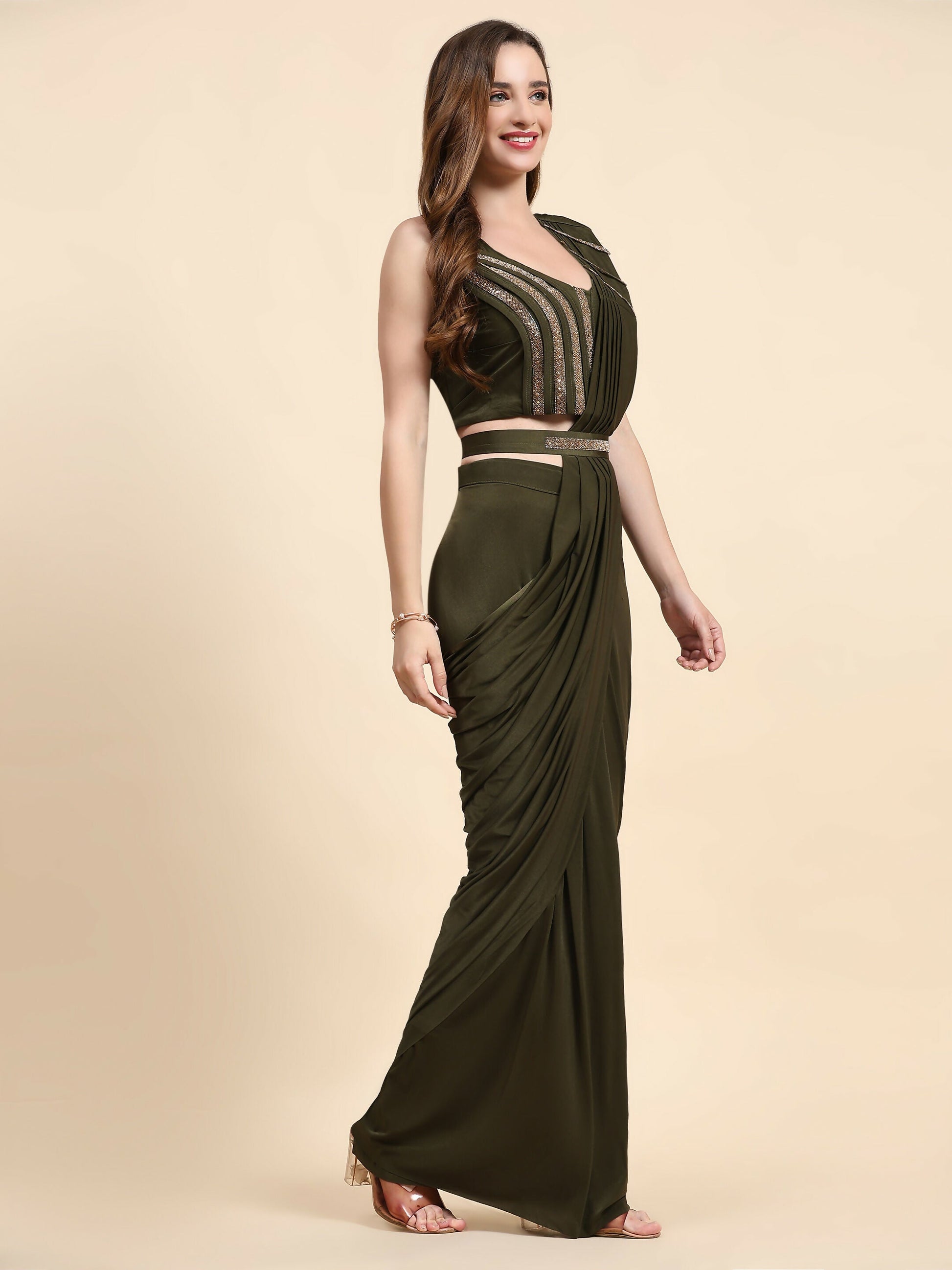 Green Polyester Solid Ready to Wear Saree with stitched Blouse - Nita | Swadesiicart