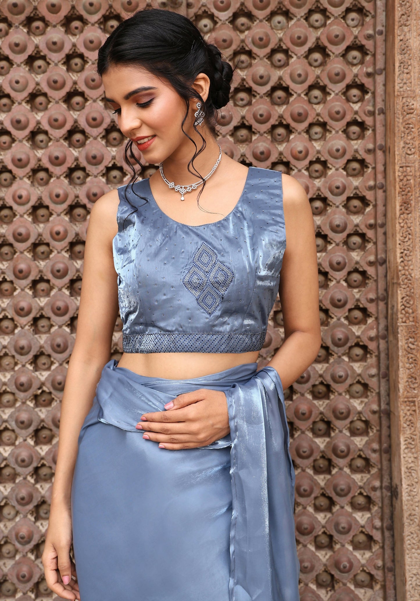 Sky Blue Tom Silk Plain Ready To Wear Saree With Stitched Blouse - Satiksha | Swadesiicart