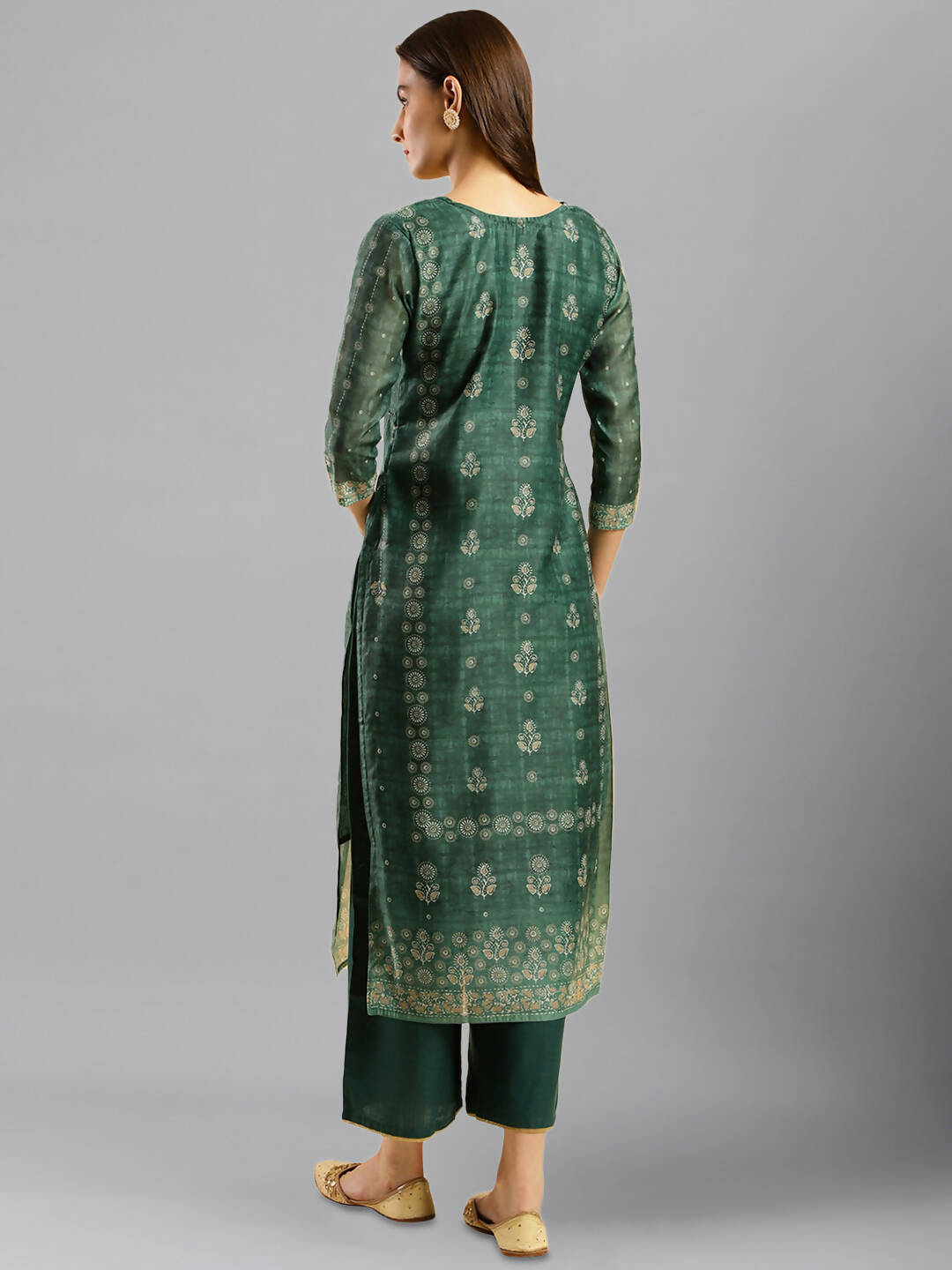 Sea Green Chinon Digital Printed With Hand Work Kurta - Himanshi - Swadesiicart
