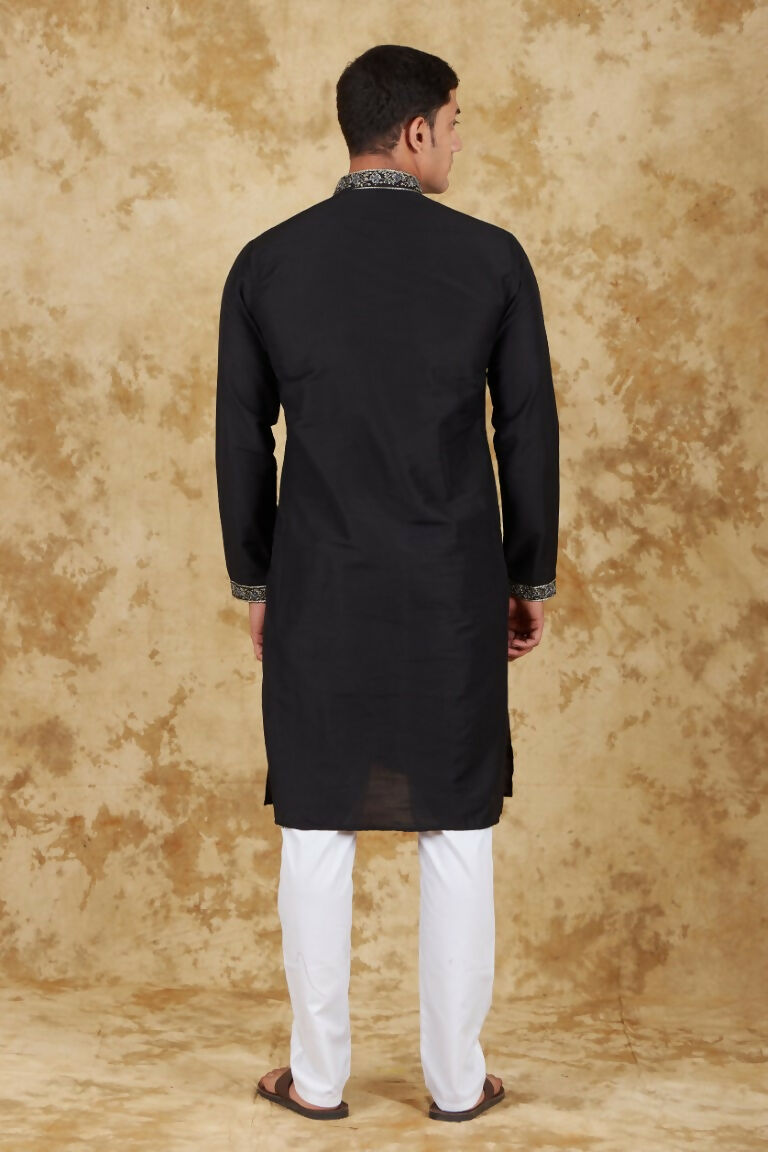 Bluesaanchi Men's Sunshine Handwoven Embroidered Black Kurta Set | Swadesiicart