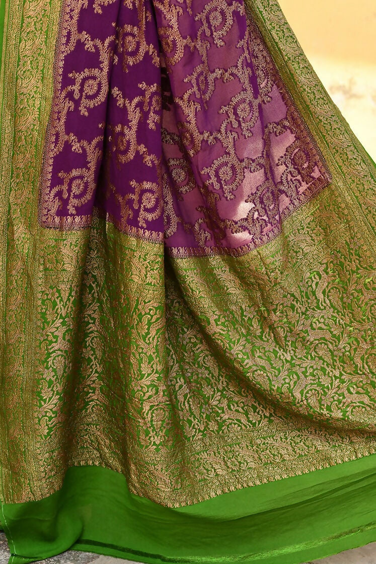 Joban Fashion Purple Crepe Chiffon Pure Handloom Banarasi Silk Saree | Swadesiicart