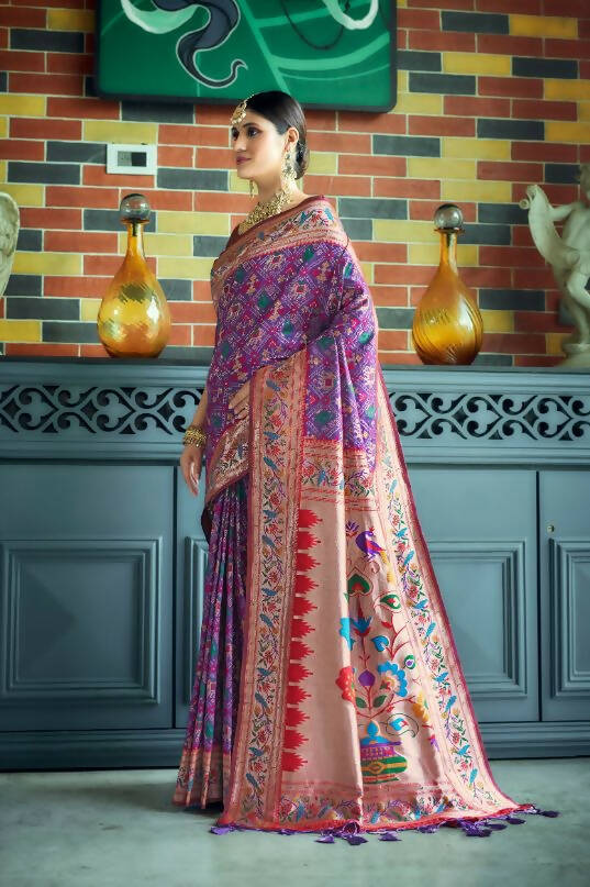 Vishnu Weaves Women's Wine Paithani Patola Silk Zari Woven Saree with Unstitched Blouse - Swadesiicart