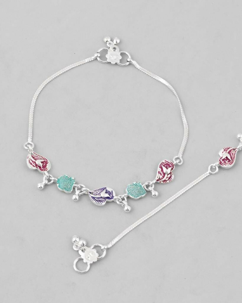 VOJ Set of 2 Silver Plated Designer Multi Color Anklet - Swadesiicart