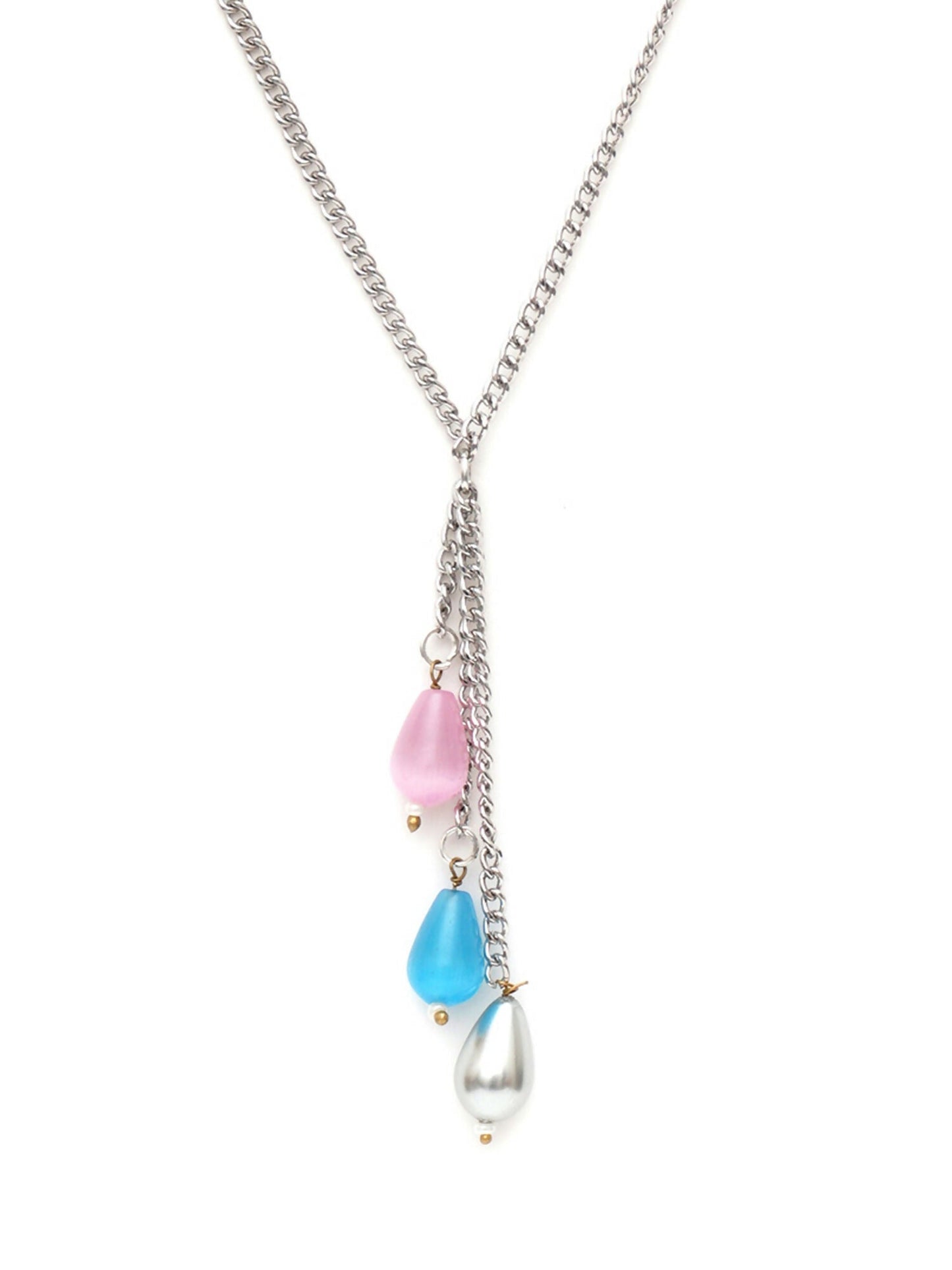 Long Silver Neckpiece with Multi Stones (silver) - Ruby Raang | Swadesiicart