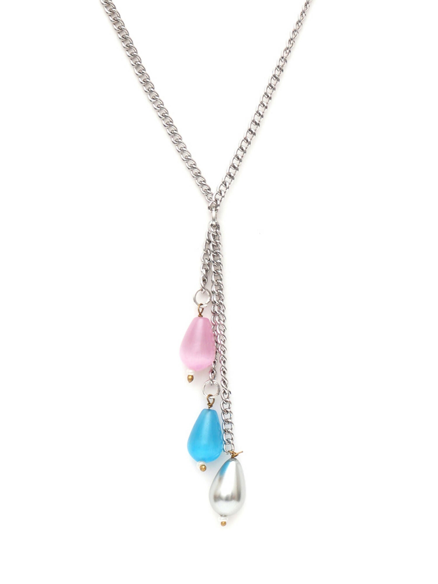 Long Silver Neckpiece with Multi Stones (silver) - Ruby Raang | Swadesiicart