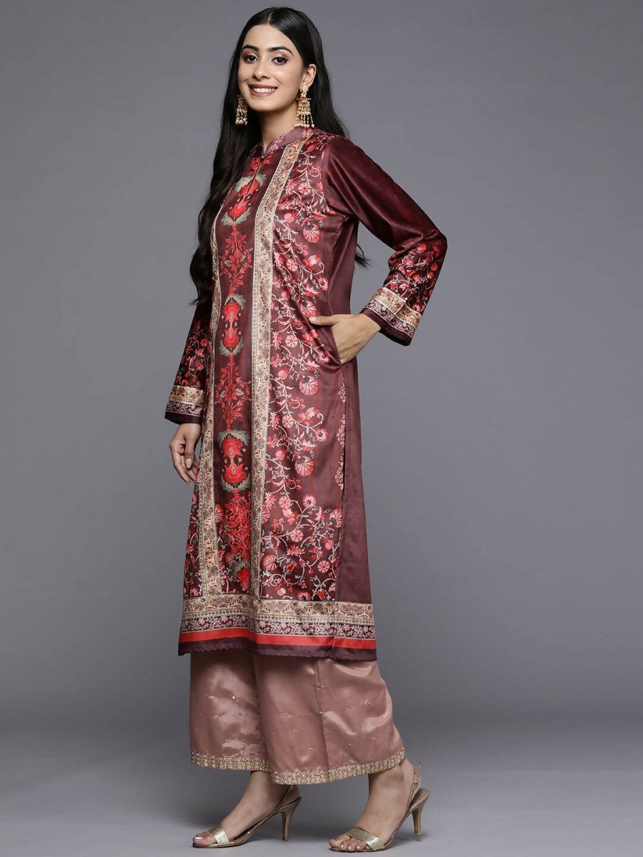 Ahalyaa Women Burgundy & Golden Floral Printed Gotta Patti Floral Velvet Kurta | Swadesiicart