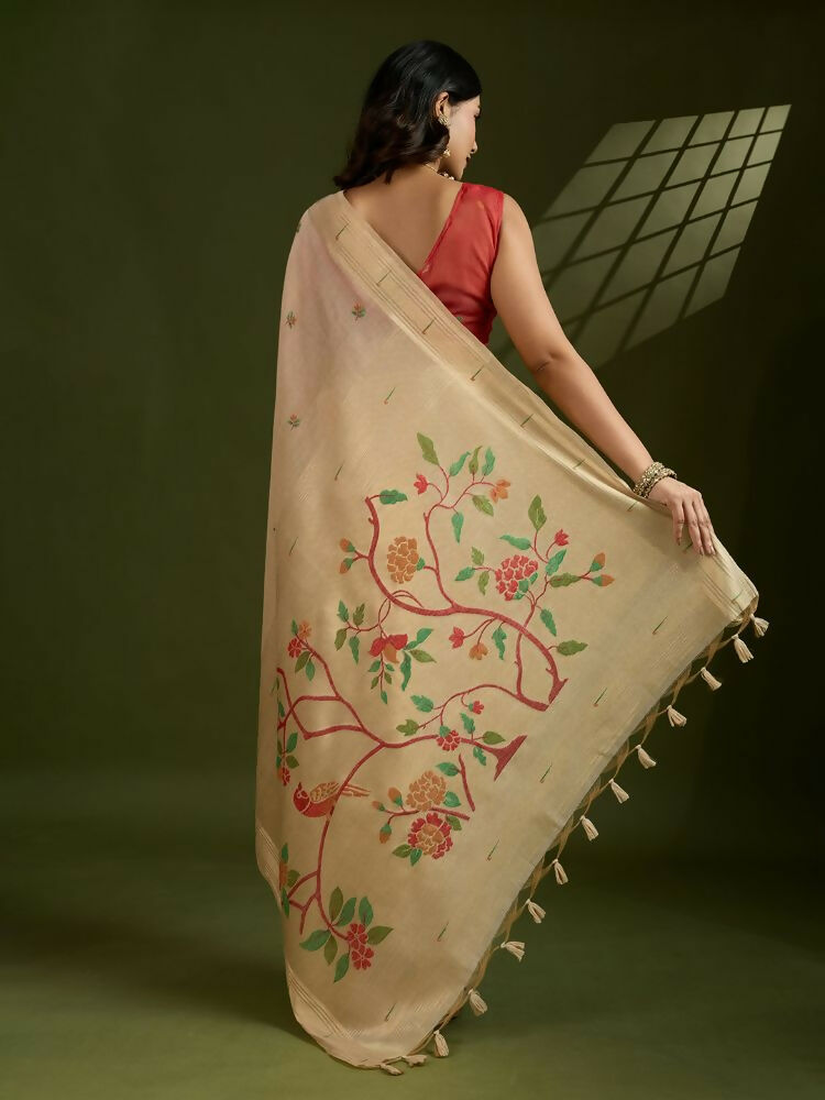 Vishnu Weaves Women's Chiku Muga Cotton Thread Woven Butti with Blouse - Swadesiicart
