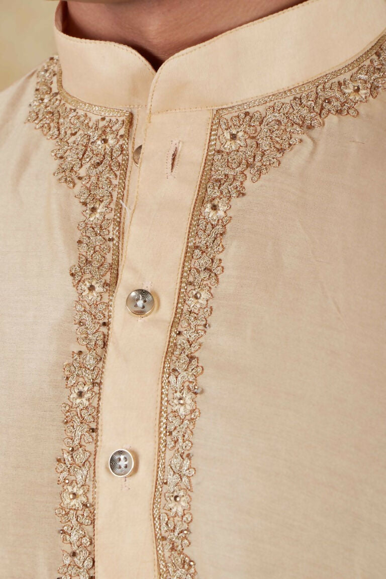 Bluesaanchi Men's Chandery Silk Light Khaki Embroidered Kurta Set | Swadesiicart