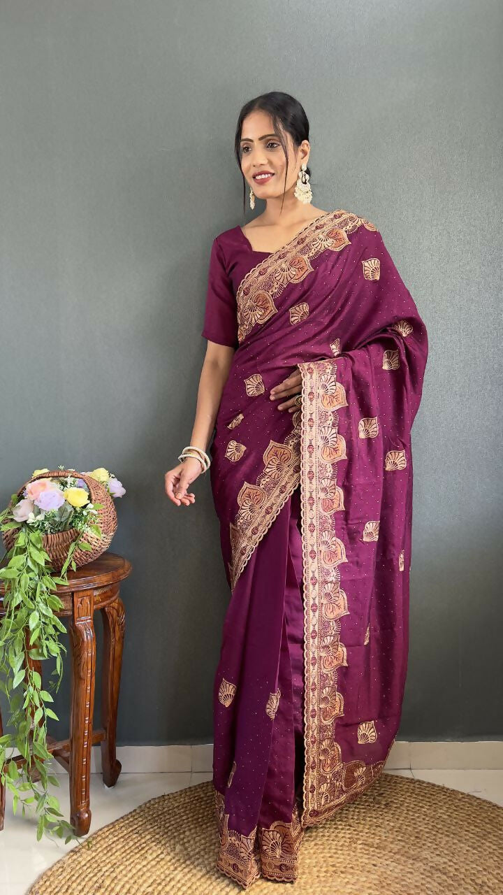 Vastranavya Purple Vichitra Silk Zari with Swarovski Work Ready to Wear Saree | Swadesiicart