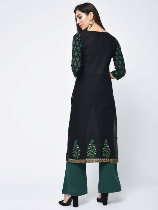 Aniyah Cotton Block Printed Black Straight Kurta (AN-131K) - Swadesiicart