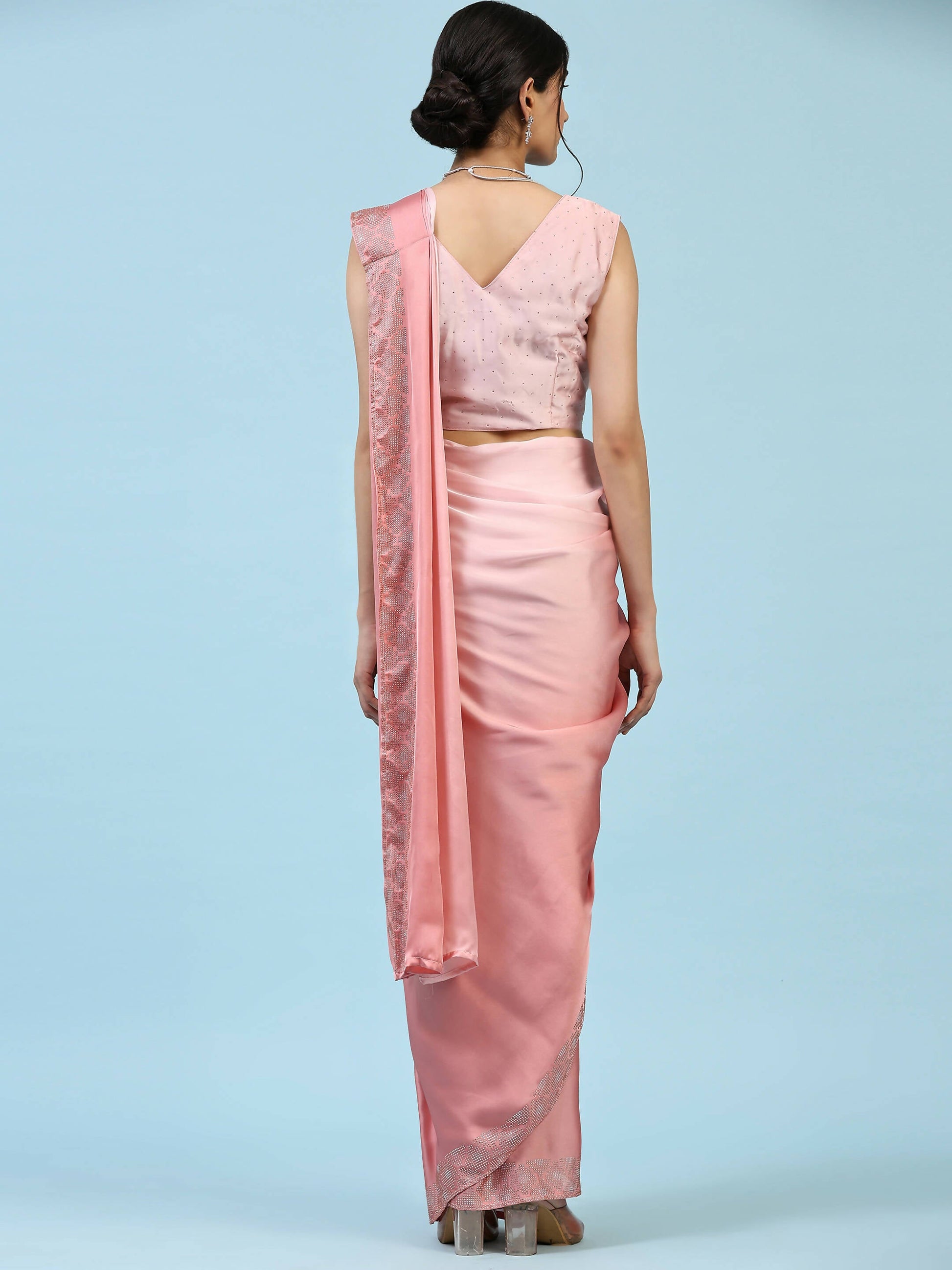 Peach Ombre Satin Georgette Plain Ready to wear Saree with stitched Blouse - Vrinda | Swadesiicart