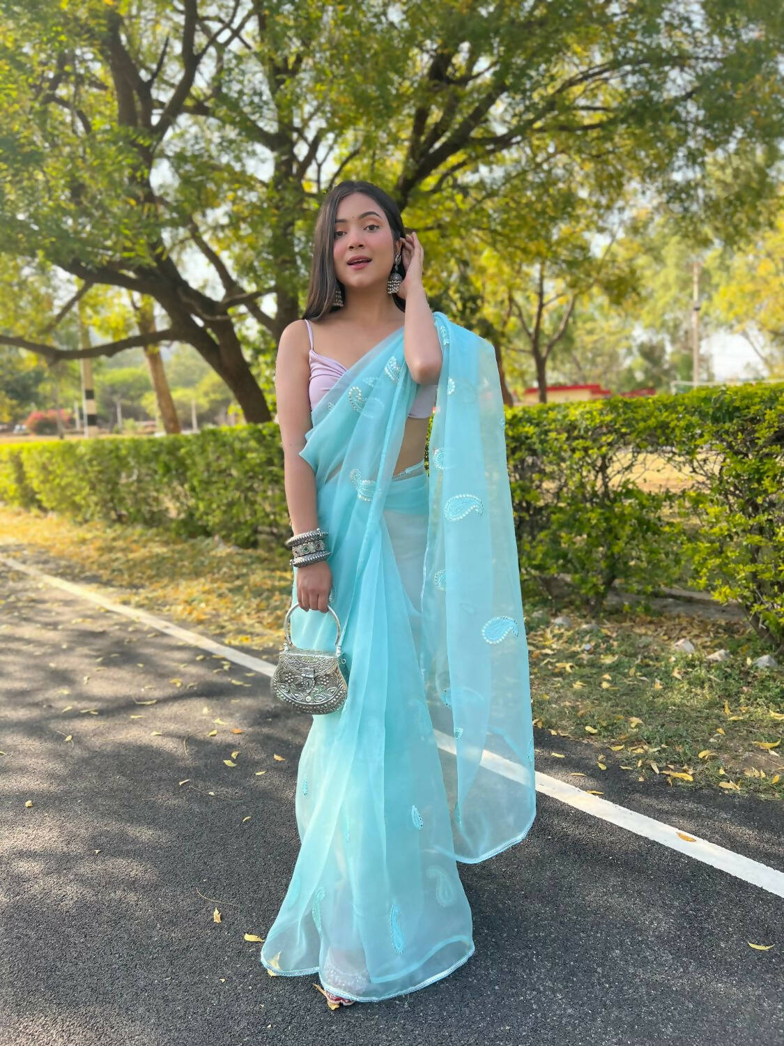 Vamsee Sky Blue Organza Saree - Swadesiicart