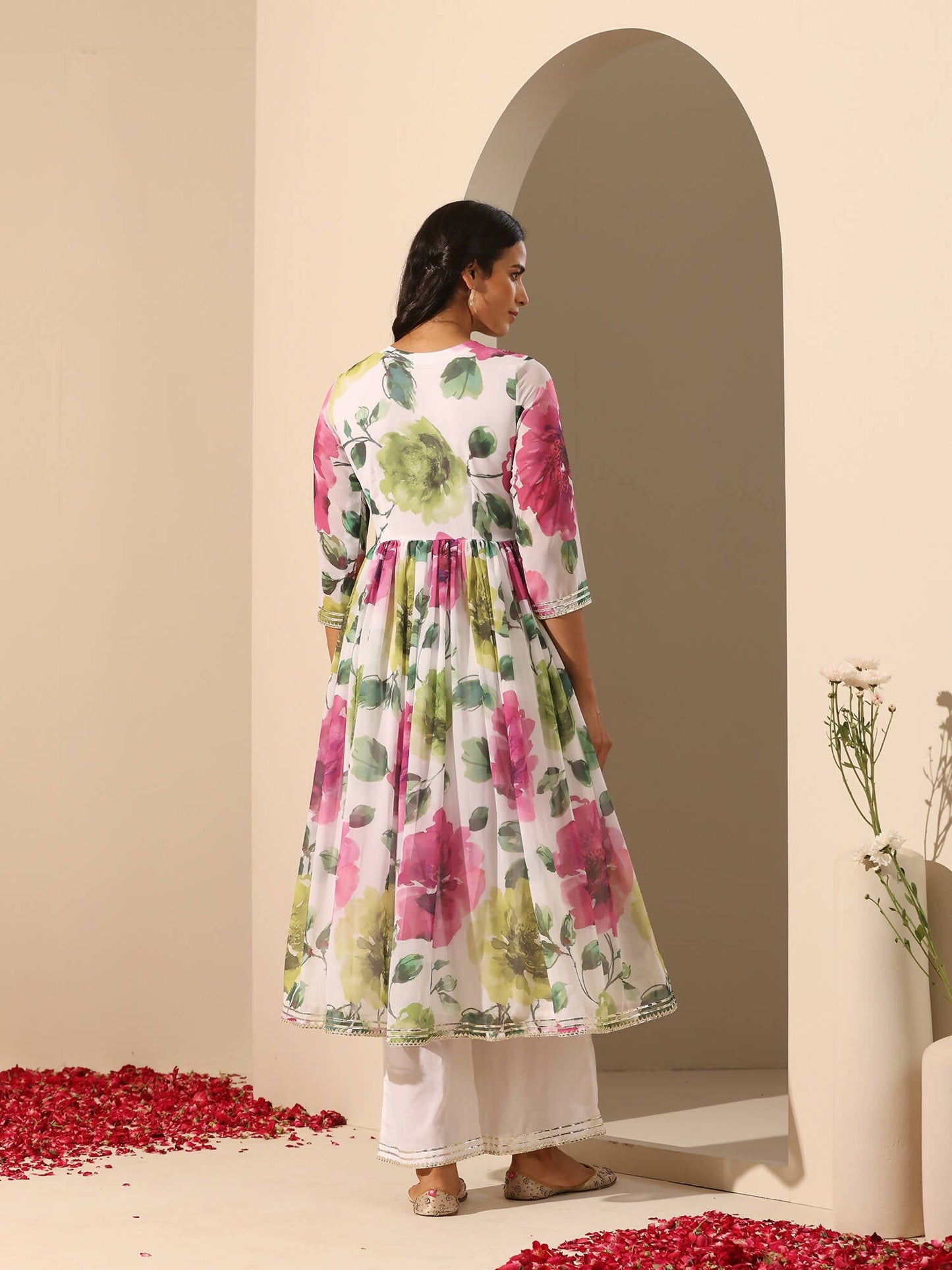 Pomcha Jaipur White Gul Gulistan Anarkali Set | Swadesiicart