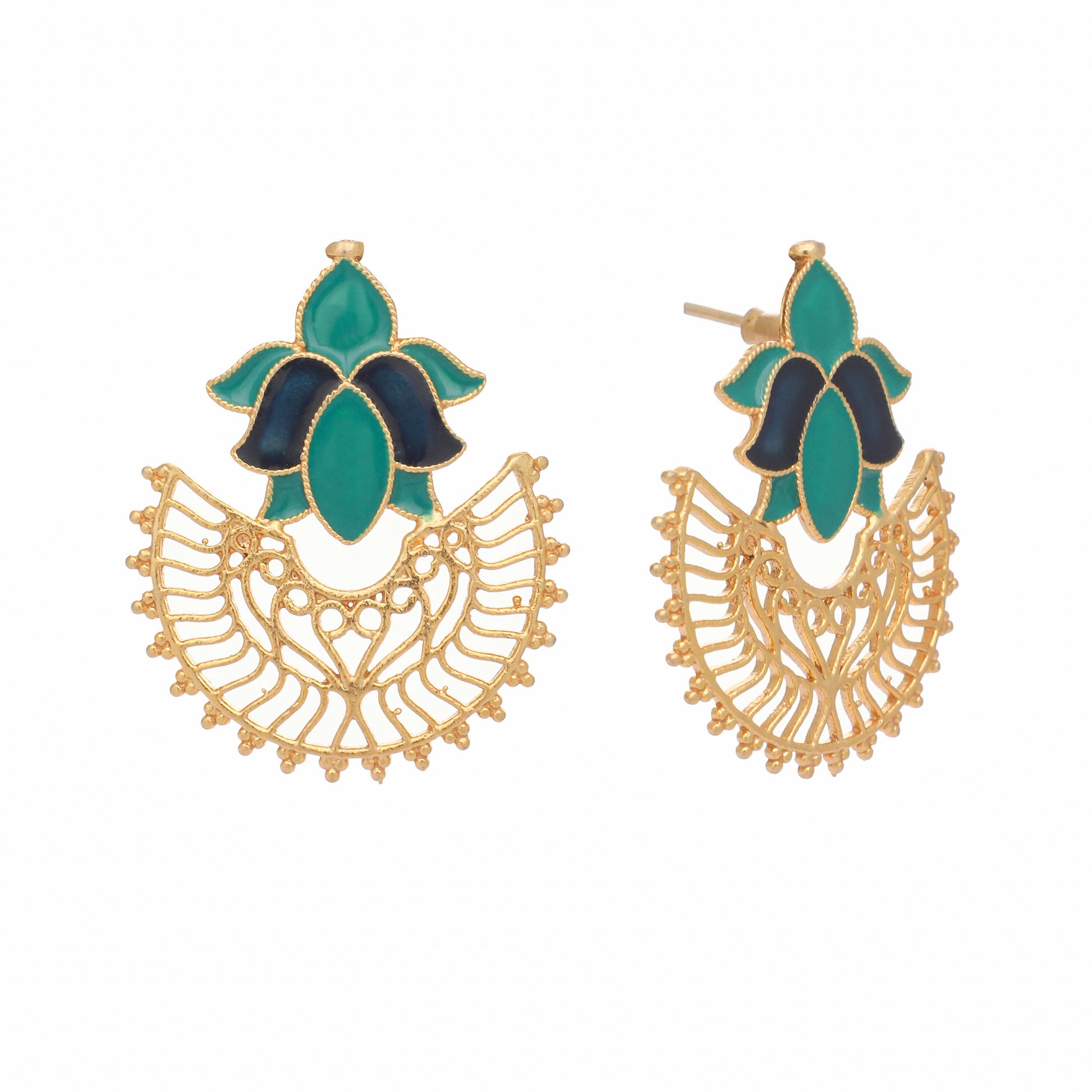 Nuyug 22K Gold Plated Turquoise Enamel Studded Indo-Western Floral Jali Statement Stud Earrings | Swadesiicart