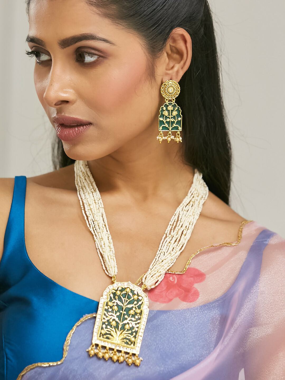 Nuyug 22K Gold-Plated Pearl Beaded Strings Green Enamel Pendant with Floral Motifs Necklace Set | Swadesiicart