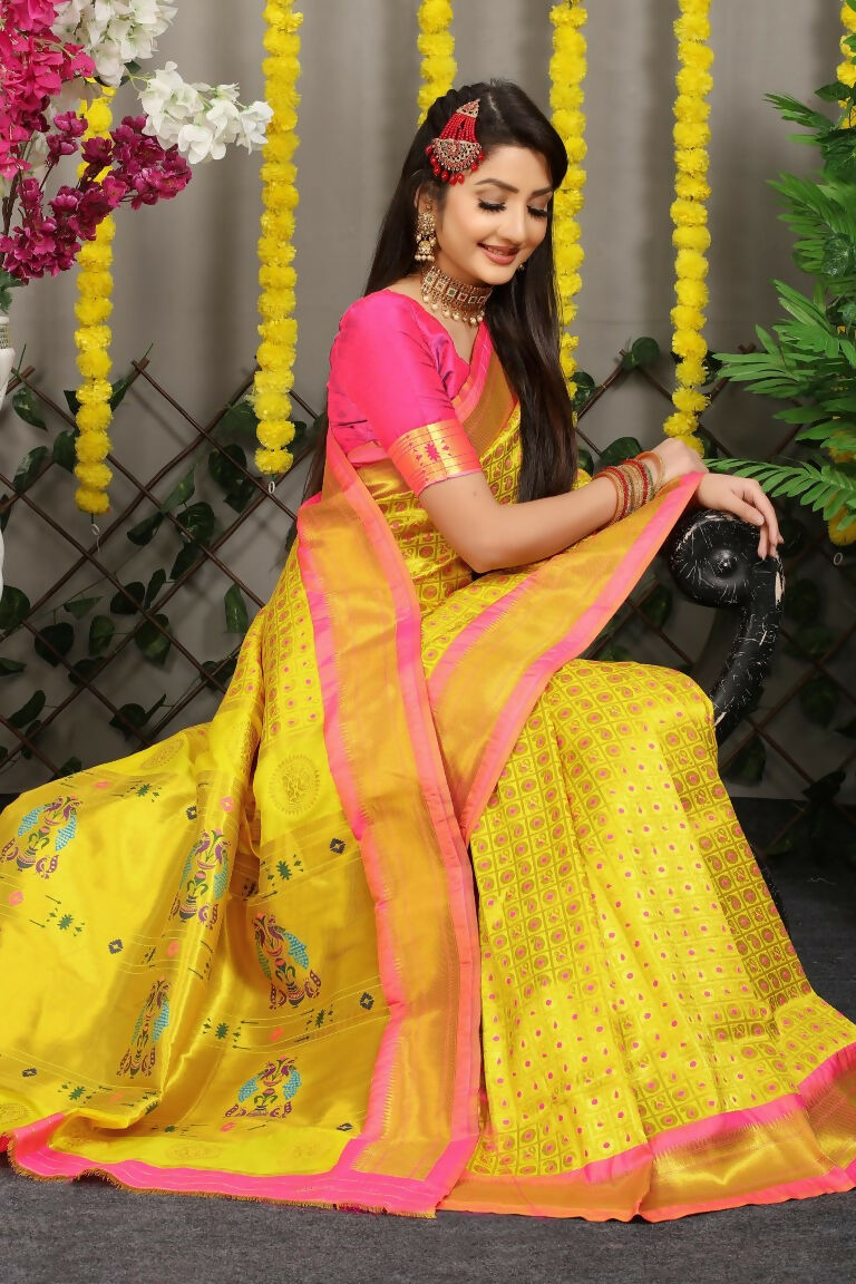 Jyoti Fashion Women's Yellow Banarasi Silk Zari Woven Saree with Blouse | Swadesiicart