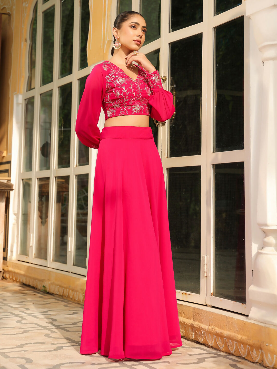 Janasya Pink Georgette Embroidered Top & Skirt | Swadesiicart