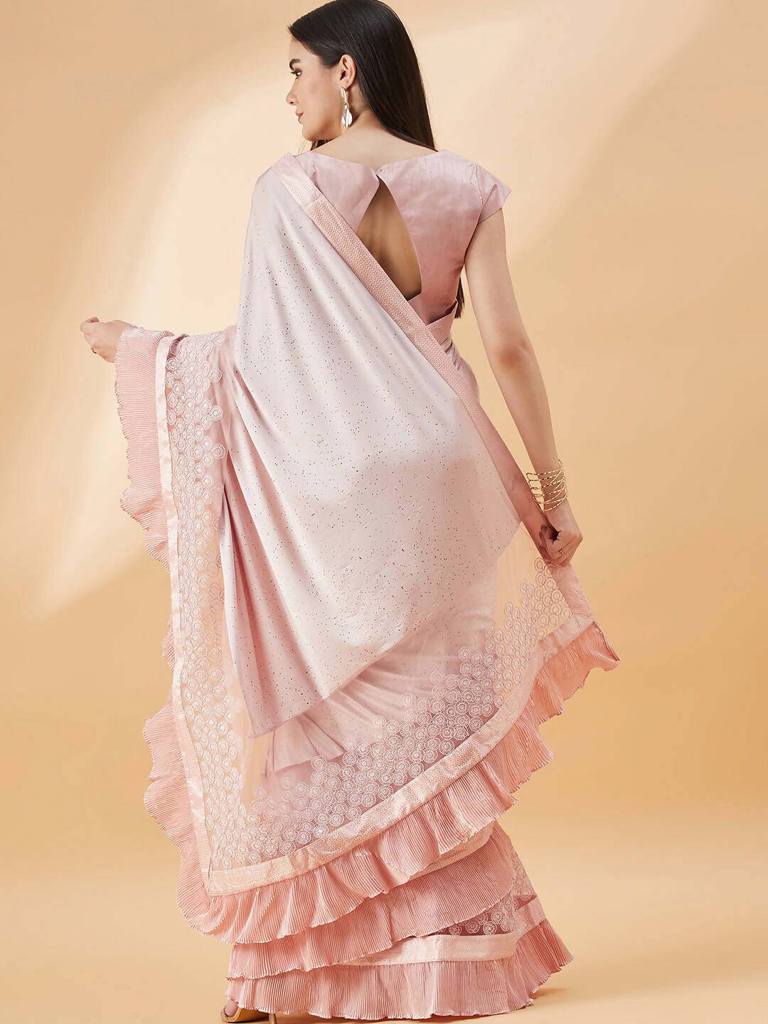 Pink Lycra Frill Details, Hand Embroidered Brooch Saree - Norita Hit Design - Swadesiicart