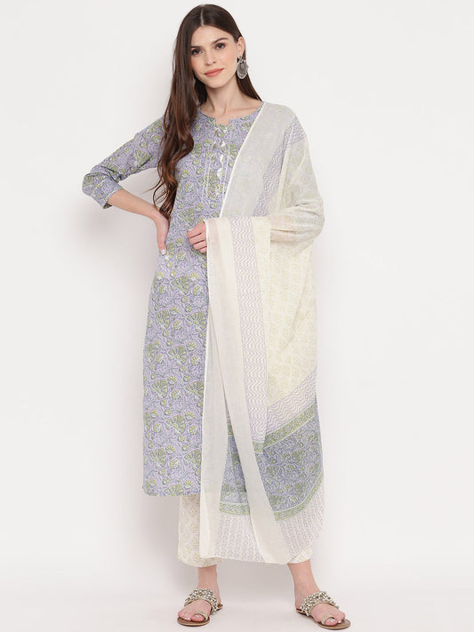 NOZ2TOZ Women's Purple Printed Kurta With Palazzo & Dupatta Set (Set of 3) - Noz2Toz