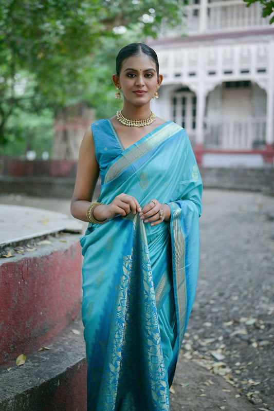 Vishnu Weaves Women's Firozi Soft Silk Zari Woven Saree with Blouse - Swadesiicart