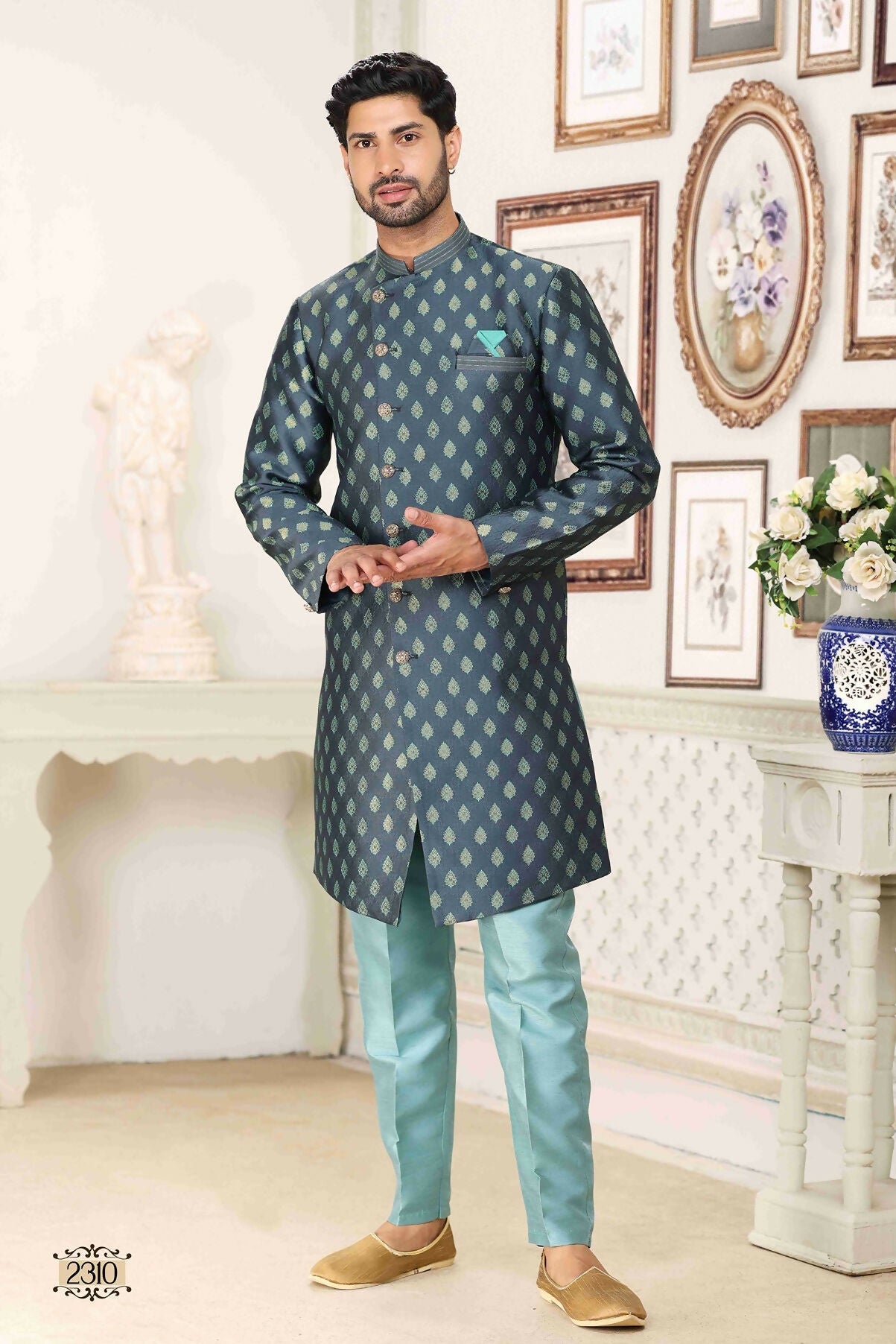 Raivat Ethnic Banarasi Jacquard Embroidery Semi Indo Western Sherwani In Grey Blue Colour | Swadesiicart