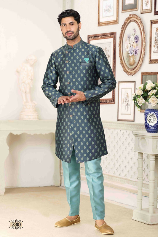 Raivat Ethnic Banarasi Jacquard Embroidery Semi Indo Western Sherwani In Grey Blue Colour | Swadesiicart