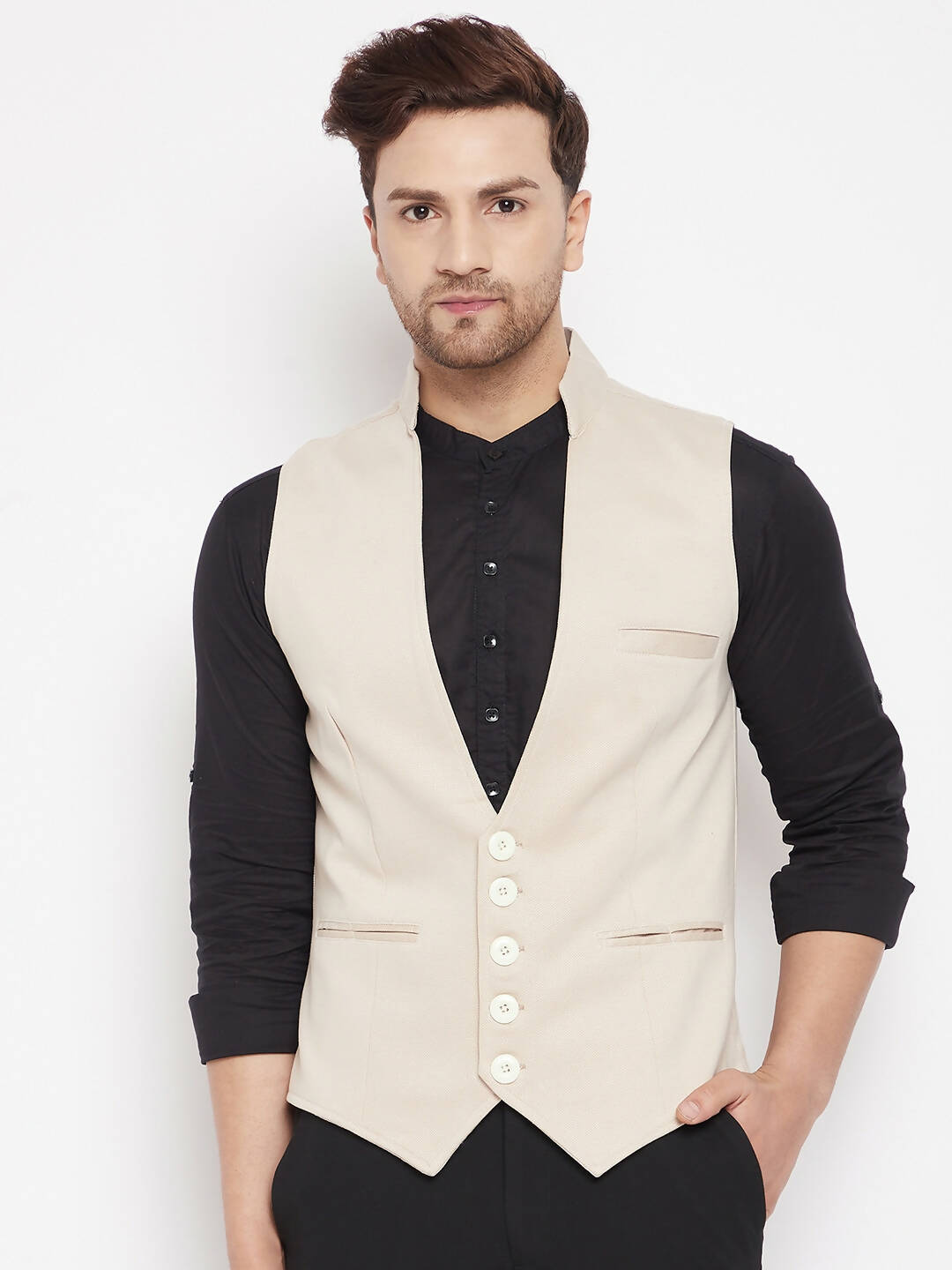 Even Apparels Cream Merino Men Woven Nehru Jacket | Swadesiicart