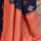 Joban Fashion Navy Blue Crepe Chiffon Pure Handloom Banarasi Silk Saree | Swadesiicart
