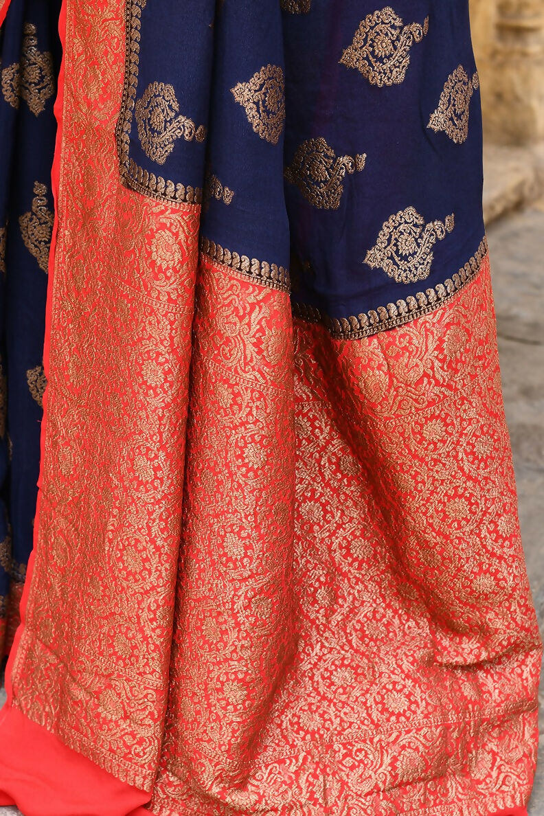Joban Fashion Navy Blue Crepe Chiffon Pure Handloom Banarasi Silk Saree | Swadesiicart