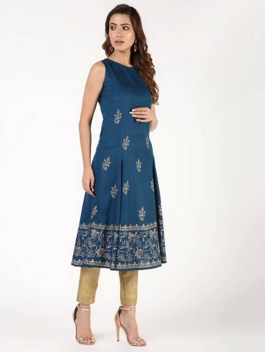Aniyah Rayon Block Print Flared Blue Kurta (AN-149K) - Swadesiicart