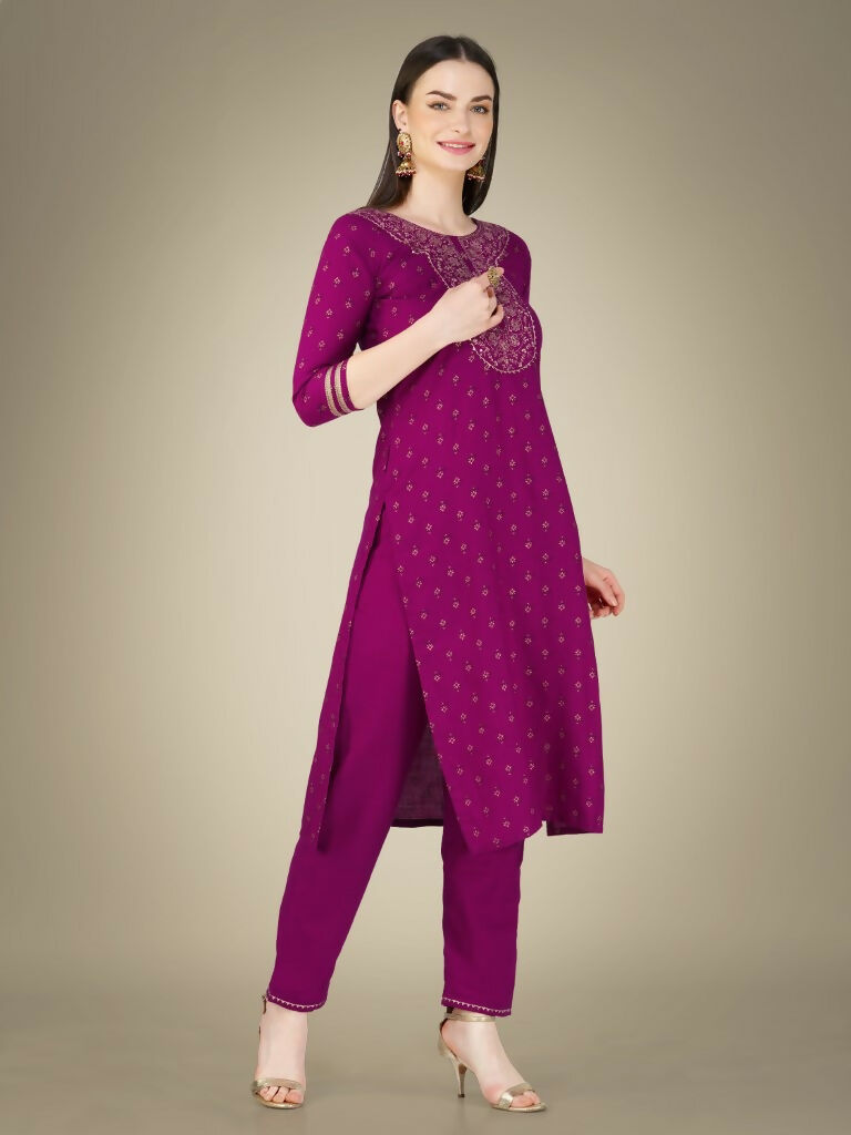 Jyoti Fashion Women's Purple Cotton Magic Slub Embroidery & Sequence work Kurta with Trouser & Dupatta | Swadesiicart