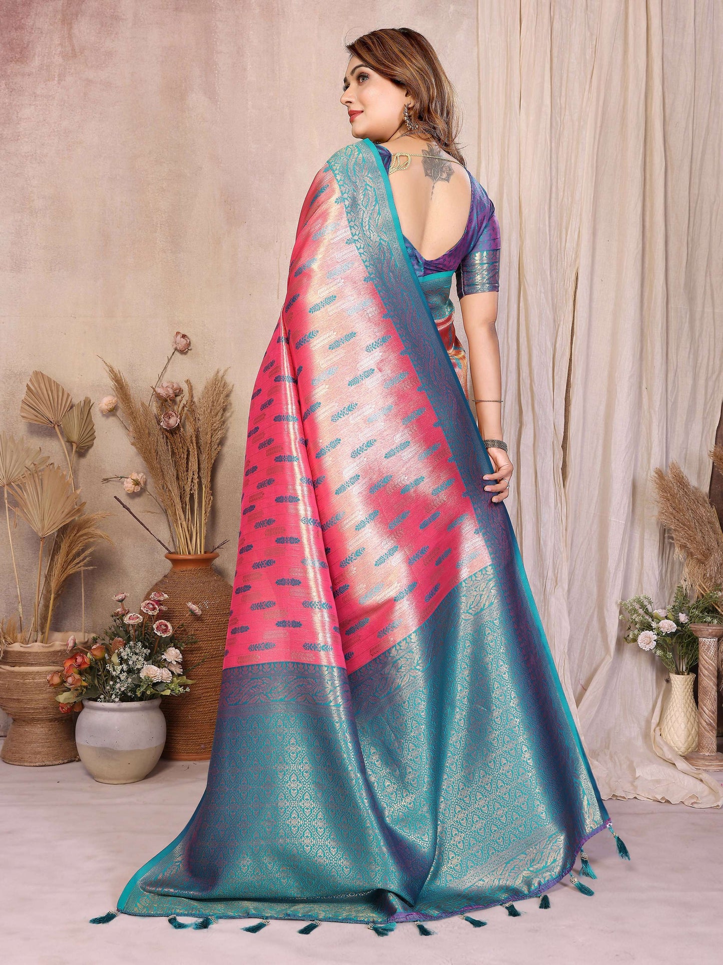 Aastha Fashion Pink Tissue Silk Paithani Woven Saree