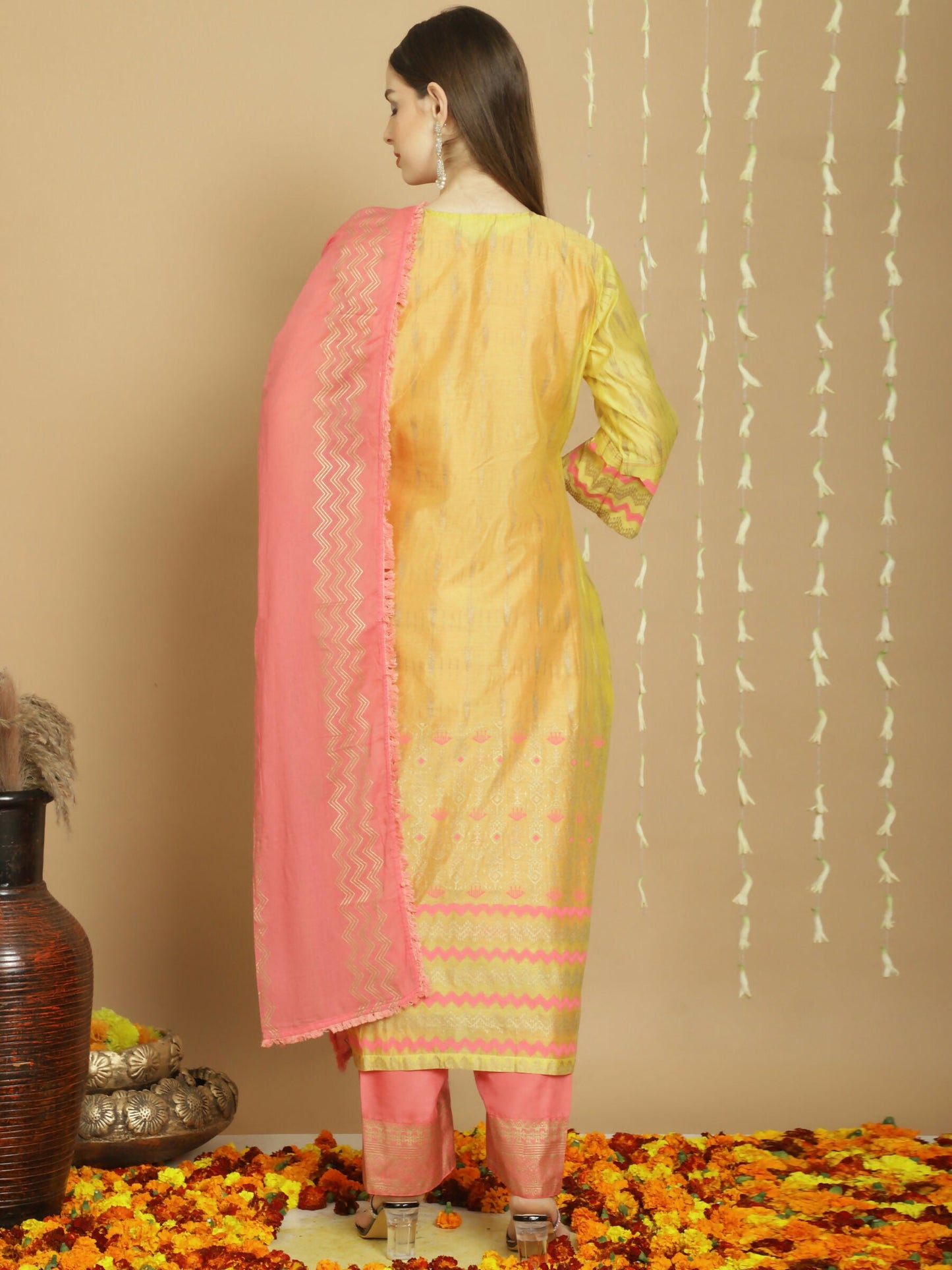 Jyoti Fashion Women's Yellow Chanderi Silk Elegant Jardoshi Semi Kurta with Trouser & Dupatta | Swadesiicart