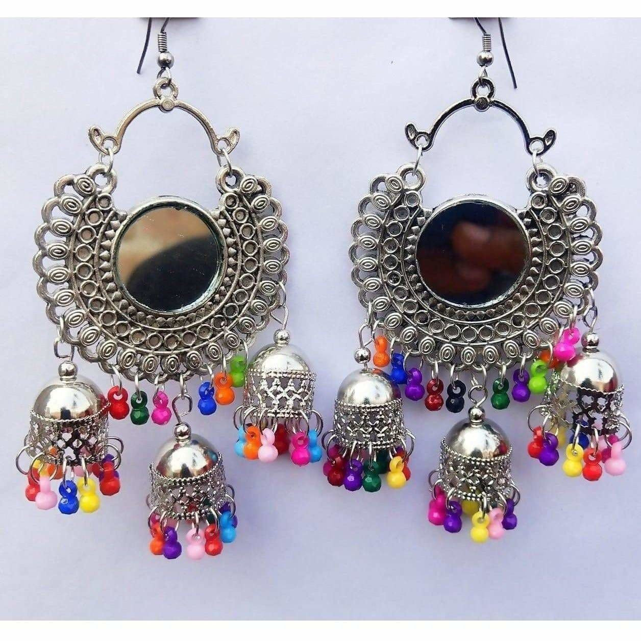 MS Fashion India Silver Oxidized Mirror Hanging Triple Jhumka Multi Color Pearls Afghani Antique Earrings | Swadesiicart