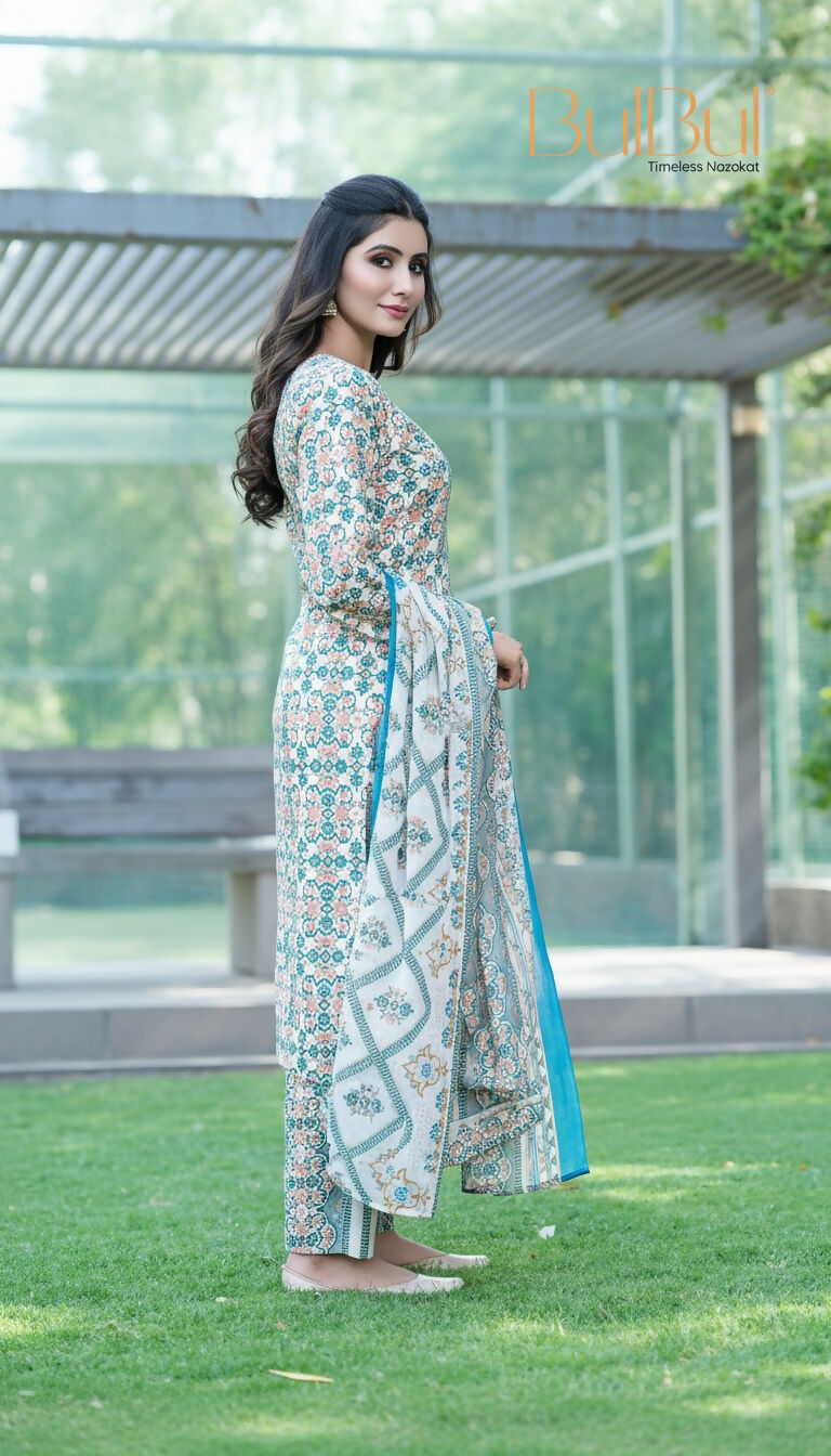 BulBul Fashionista Green-Blue Cotton Kurta Set with Dupatta - Swadesiicart