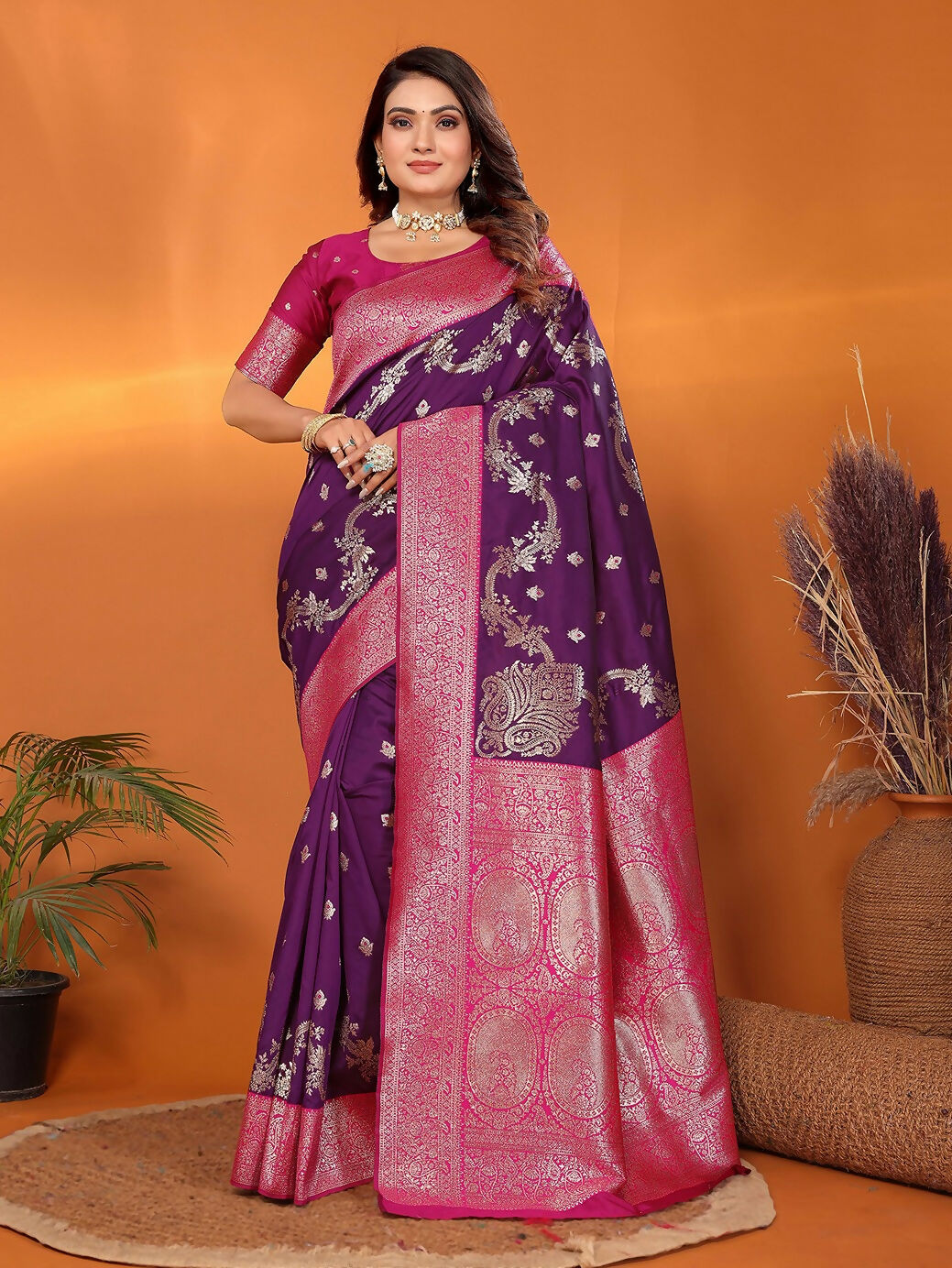 Joban Fashion Banarasi Plum Woven Soft Silk Saree | Swadesiicart