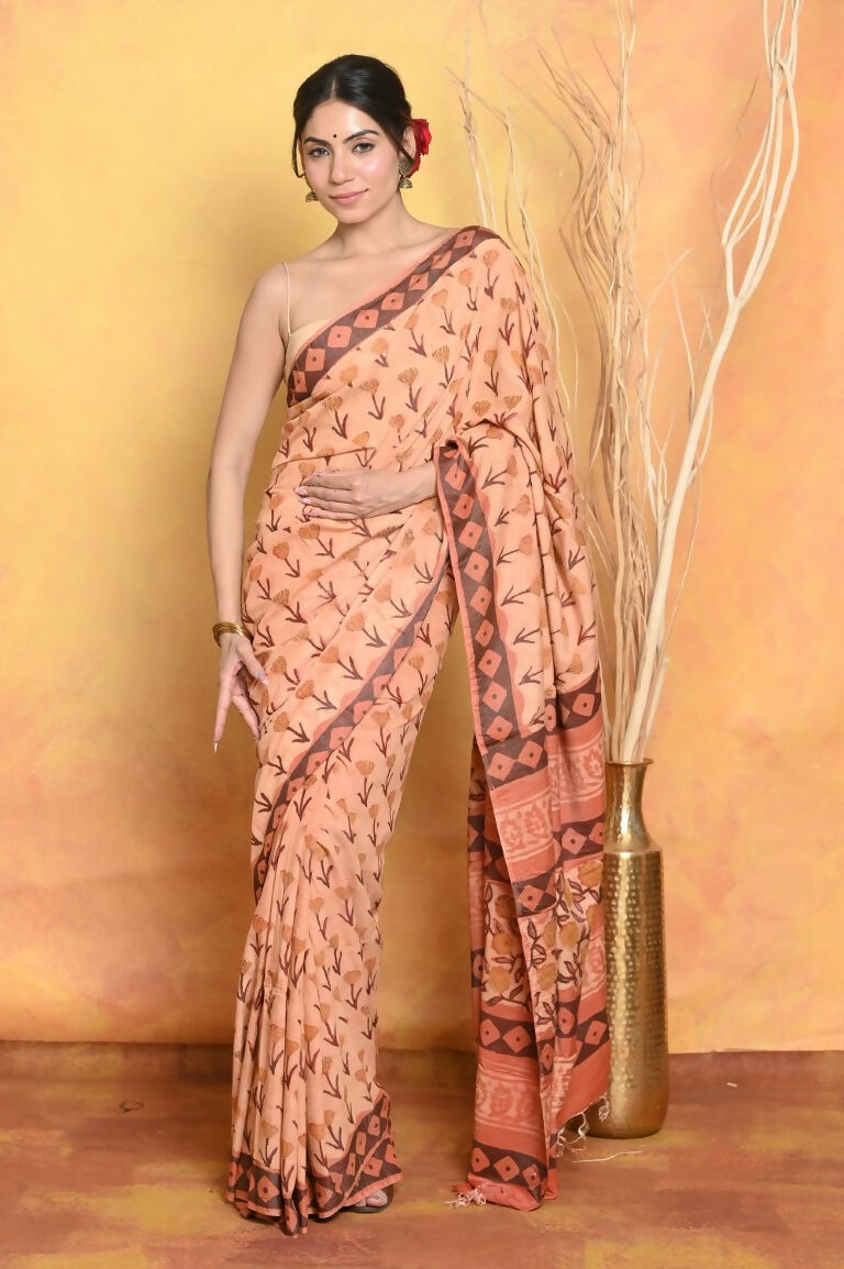 Very Much Indian Designer Modal Silk Saree With With Beautiful Floral Print - Light Orange | Swadesiicart