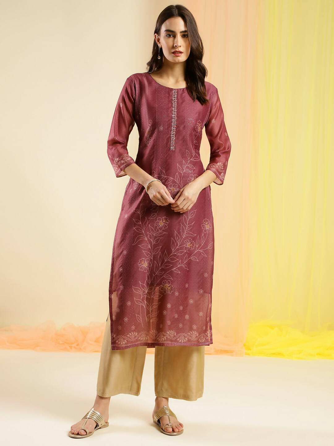 Maroon Chinon Digital Printed With Hand Work Kurta - Himanshi - Swadesiicart