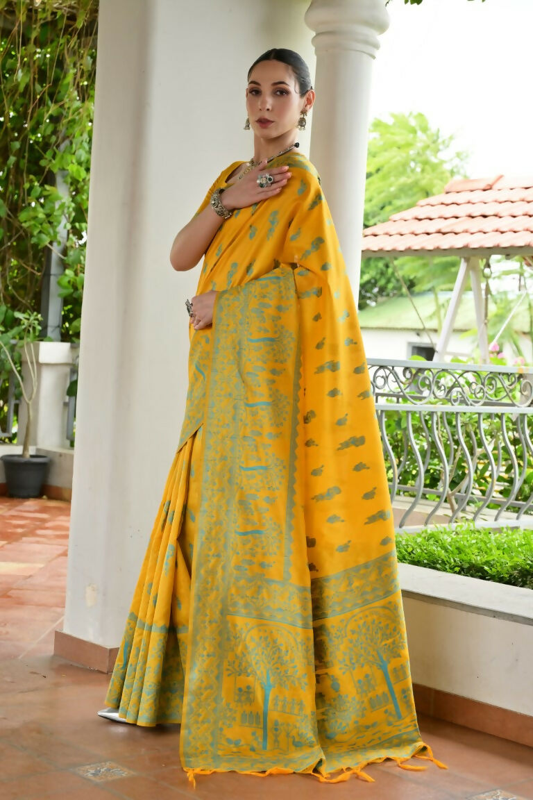 Vishnu Weaves Women's Yellow Handloom Raw Silk Thread Weaving Saree with Blouse - Swadesiicart