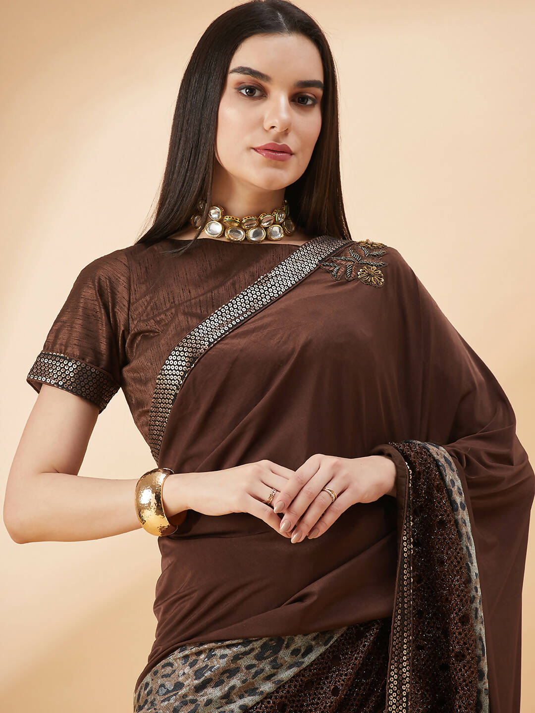 Brown Lycra Animal Print, Fancy Value Addition Fabric Saree - Norita Hit Design - Swadesiicart