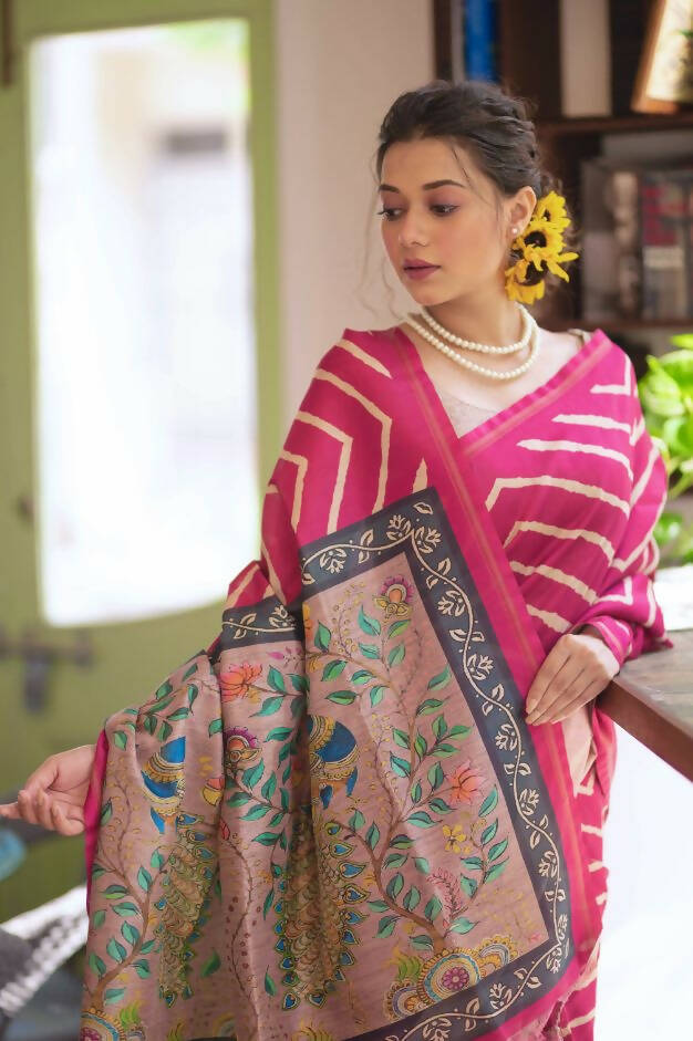 Vishnu Weaves Women's Pink Soft Tussar Silk Digital Printed Saree with Unstitched Blouse - Swadesiicart