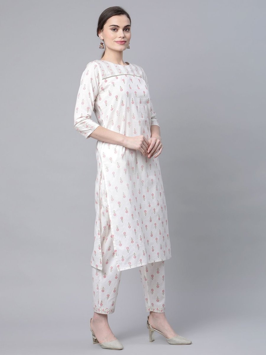 Ahalyaa Women White Pure Cotton Printed Kurta Pant Set | Swadesiicart